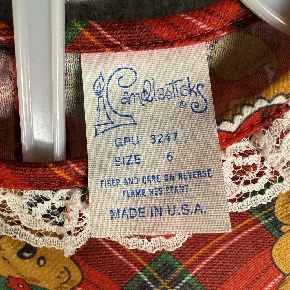 Vintage 80s Candlesticks Girls Size 6 Christmas Pajamas NWT Teddy Bear Plaid USA